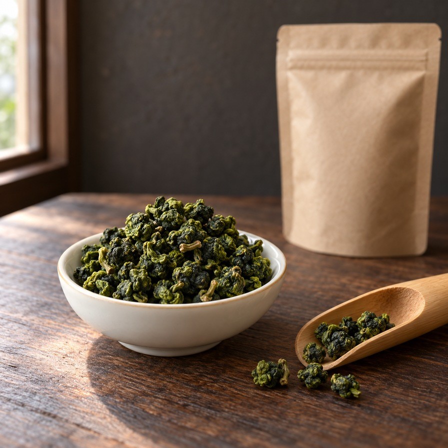 Anxi Orchidea jádezöld, gömbbé sodort oolong levelei